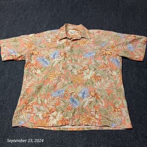 Vintage Pierre Cardin Hawaiian Shirt Men Large Orange Palm Leaves Lightweight